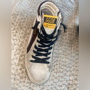 Golden Goose Slide Mid-Top Glitter Leather Sneakers- Burgundy Glitter